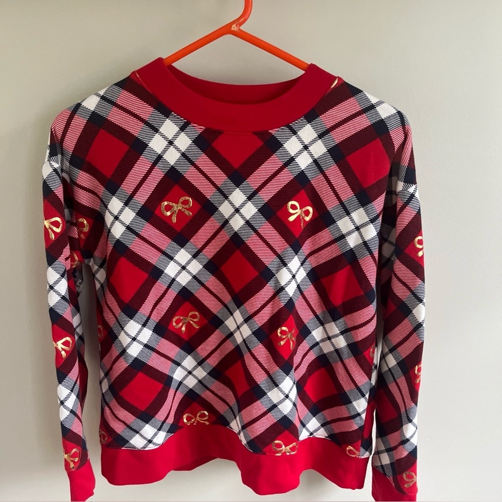 Talbots plaid with gold  bows crewneck sweatshirt Christmas holidays size SP
